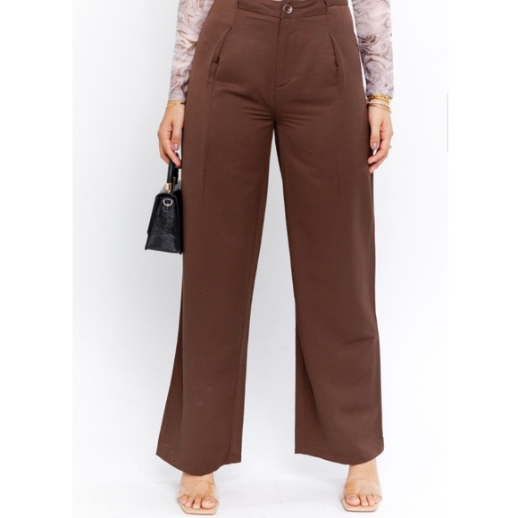 Le Lis Brown Pleated Wide Leg Long Pants, Large - Picture 2 of 7